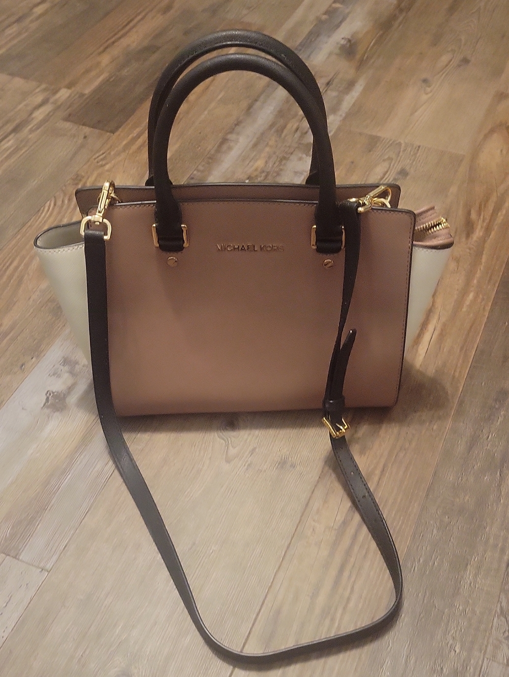 Michael Kors Taupe & Cream Leather Satchel with Black Trim